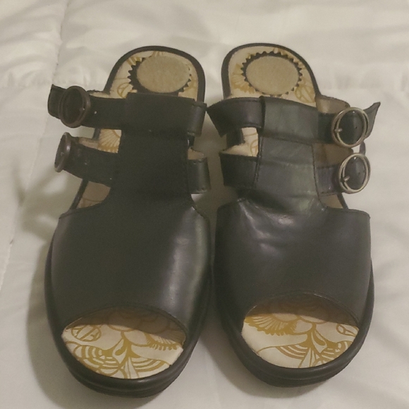 Fly London Shoes - Fly London Black Leather Mules with Dual Buckles